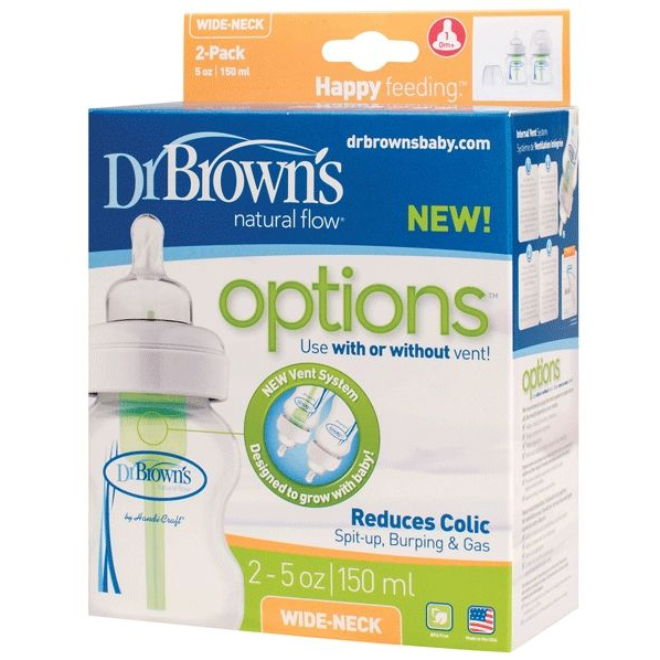 Dr Brown's Wide Neck 150ml OPTIONS Bottles with Level 1 Teat 2pk - Molly's Baby Room